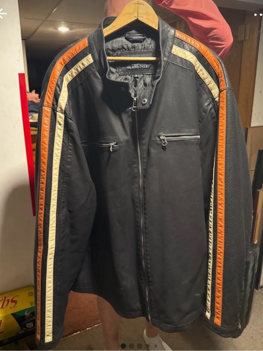 Vintage Wilson Black Leather Jacket with Orange and Cream Racing Stripes